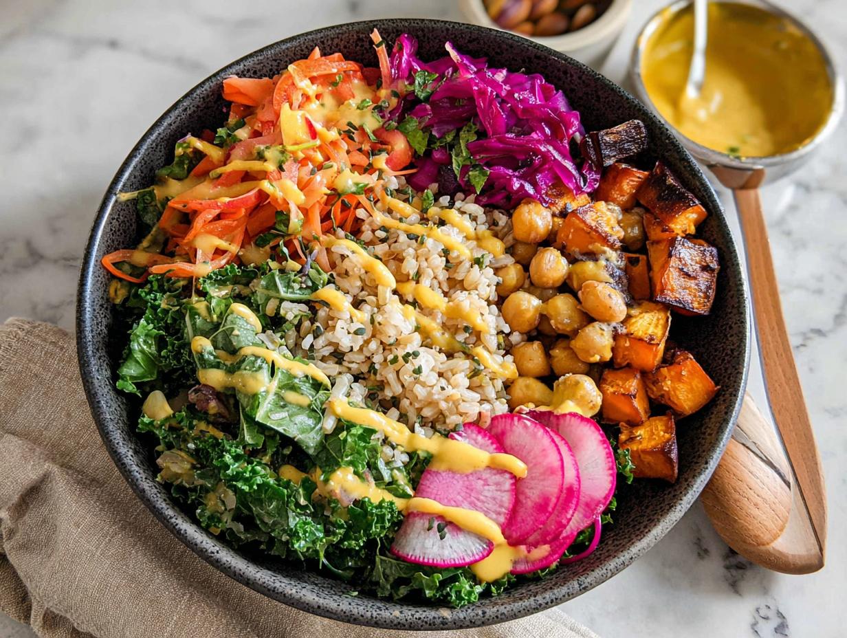 A vibrant and healthy vegetarian rice bowl with brown rice, kale, chickpeas, roasted sweet potatoes, red cabbage, and a creamy dressing.
