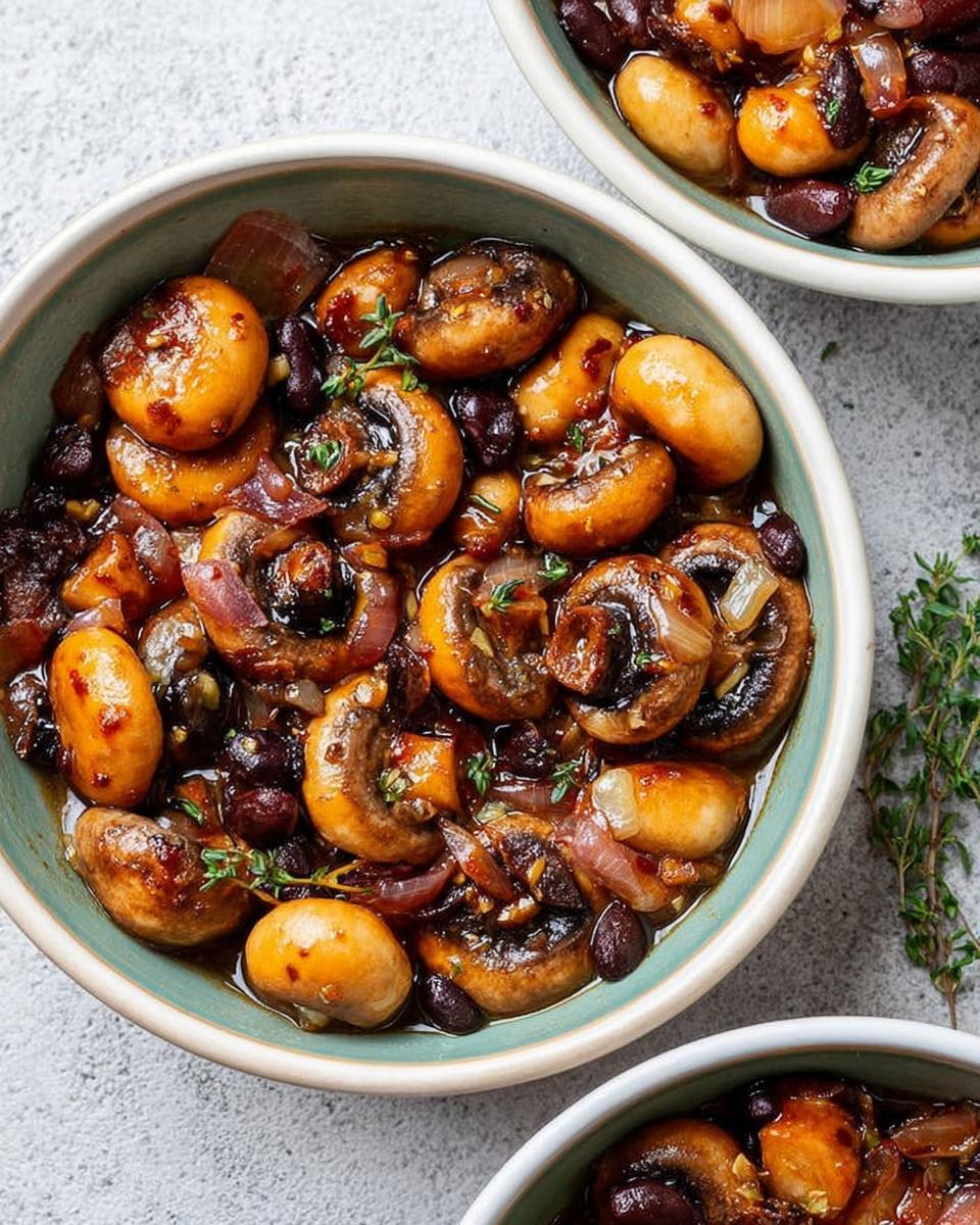 Close-up of a bowl filled with glazed mushrooms, white beans, and red onion, a perfect veggie sides recipe.