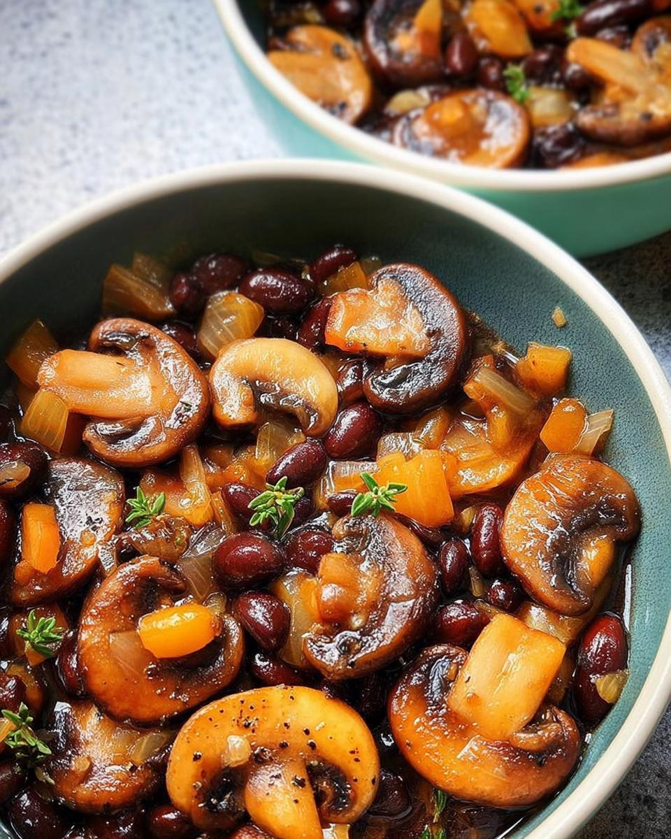 Close-up of a bowl filled with a savory veggie sides recipe featuring mushrooms, kidney beans, and onions, garnished with fresh herbs.