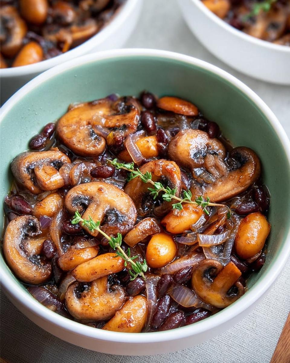 Close-up of a bowl filled with sautéed mushrooms, red beans, and onions, a perfect veggie sides recipe.