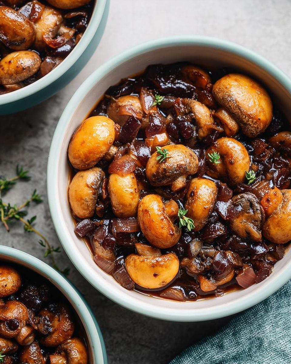 Close-up of a bowl filled with glazed mushrooms and caramelized red onions, a perfect veggie sides recipe.
