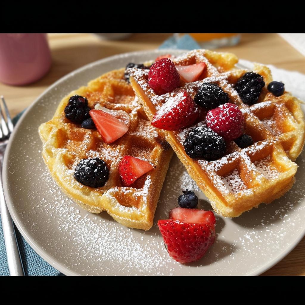 Two golden waffles topped with fresh strawberries, raspberries, blackberries, and blueberries, dusted with powdered sugar.