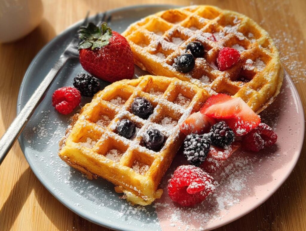 Two golden waffles topped with fresh berries and powdered sugar, perfect for breakfast ideas recipes.