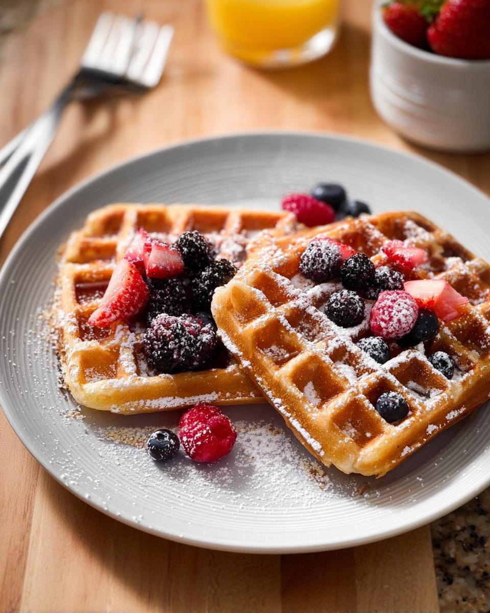 Two golden waffles topped with fresh mixed berries and powdered sugar, perfect for breakfast ideas.