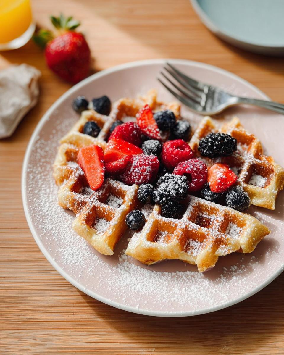 A plate of golden waffles topped with fresh strawberries, blueberries, raspberries, and blackberries, dusted with powdered sugar. Perfect for breakfast ideas recipes.