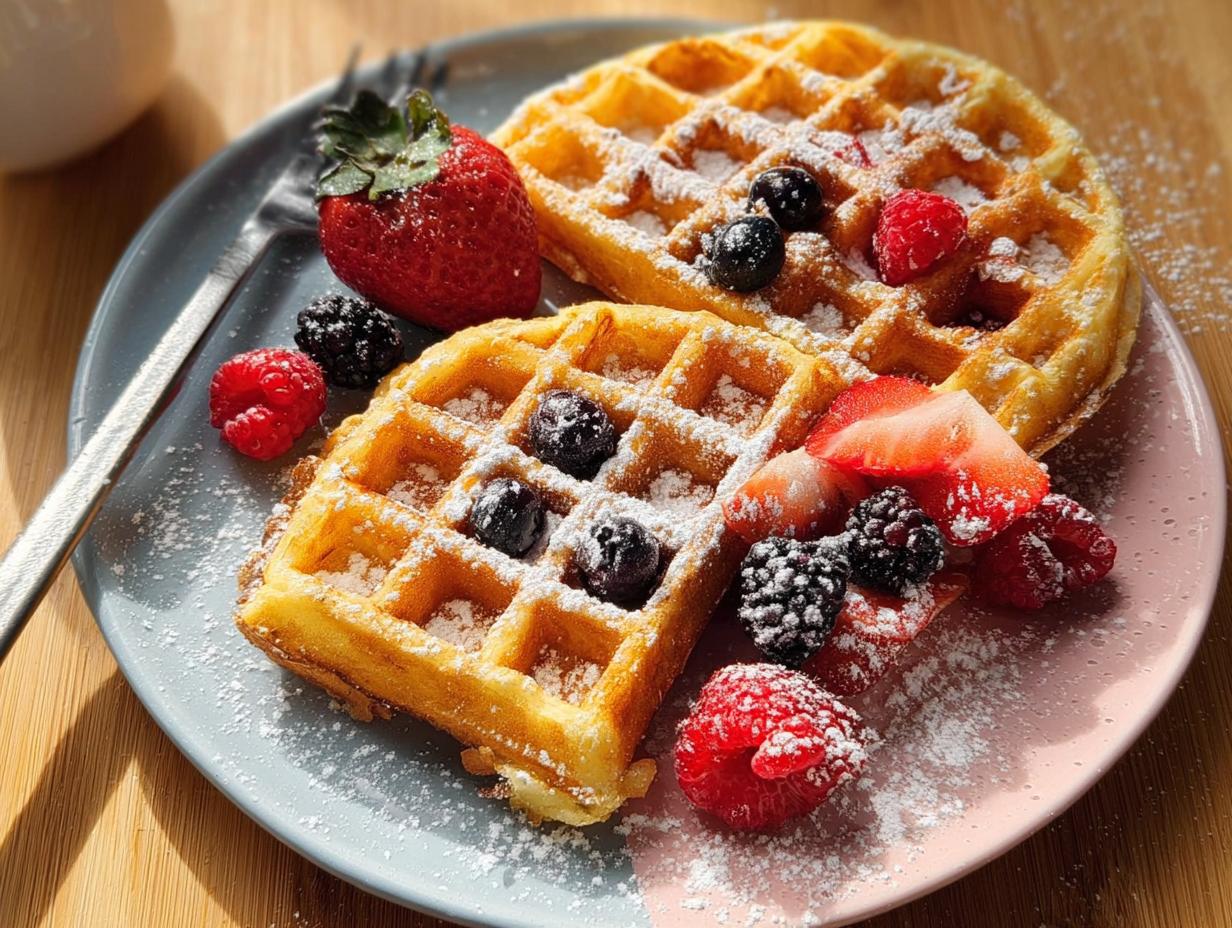 Two golden waffles topped with fresh berries and powdered sugar, perfect for breakfast ideas recipes.