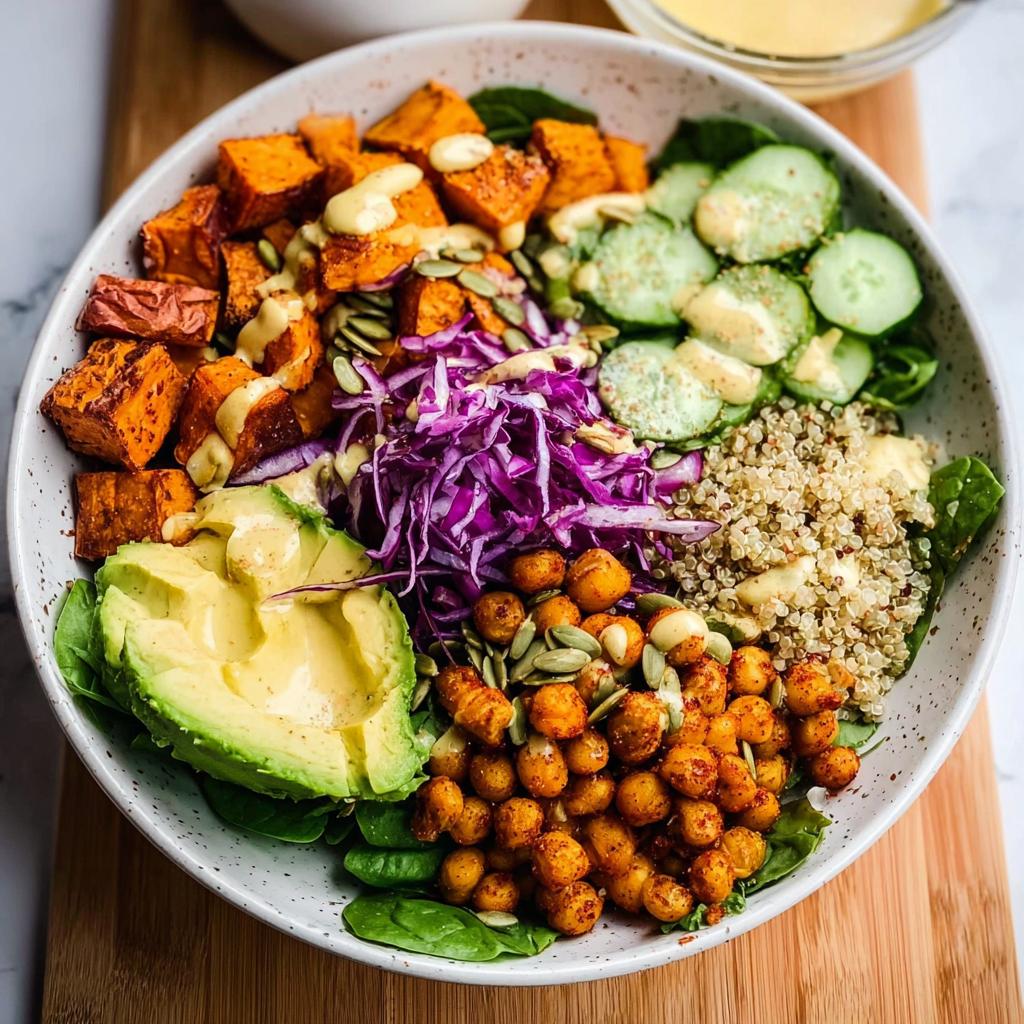 A vibrant rice bowl recipe featuring roasted sweet potatoes, avocado, quinoa, chickpeas, cucumber, and red cabbage.