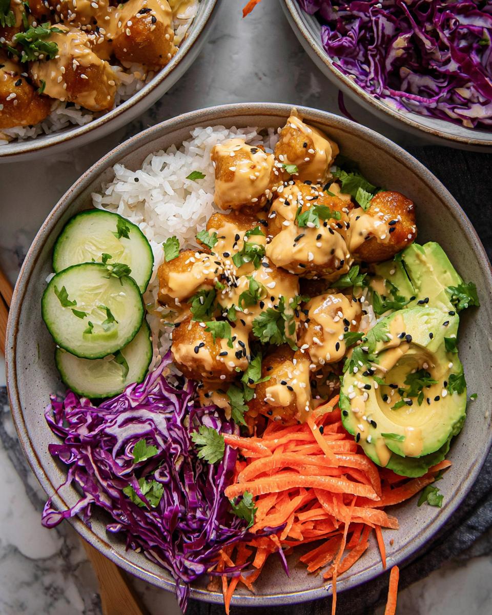 A close-up of a Bang Bang Chicken Bowl featuring crispy chicken, rice, avocado, shredded carrots, and red cabbage.