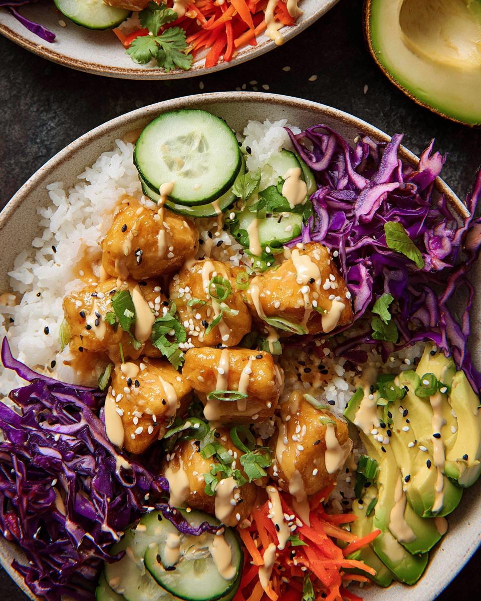 A close-up of a Bang Bang Chicken Bowl featuring crispy chicken, rice, avocado, cucumber, red cabbage, and shredded carrots, drizzled with sauce.