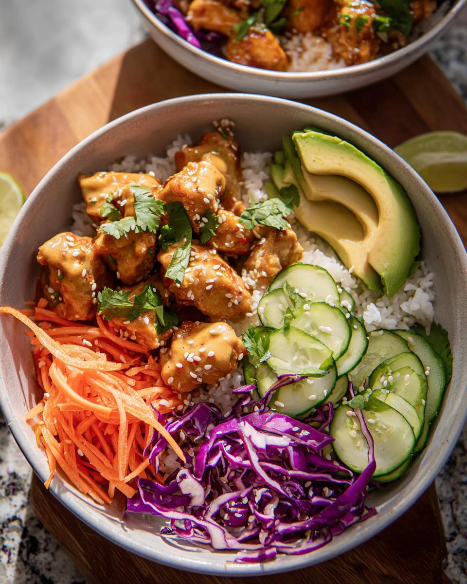 A vibrant Bang Bang Chicken Bowl filled with rice, crispy chicken, avocado, cucumber, shredded carrots, and red cabbage.