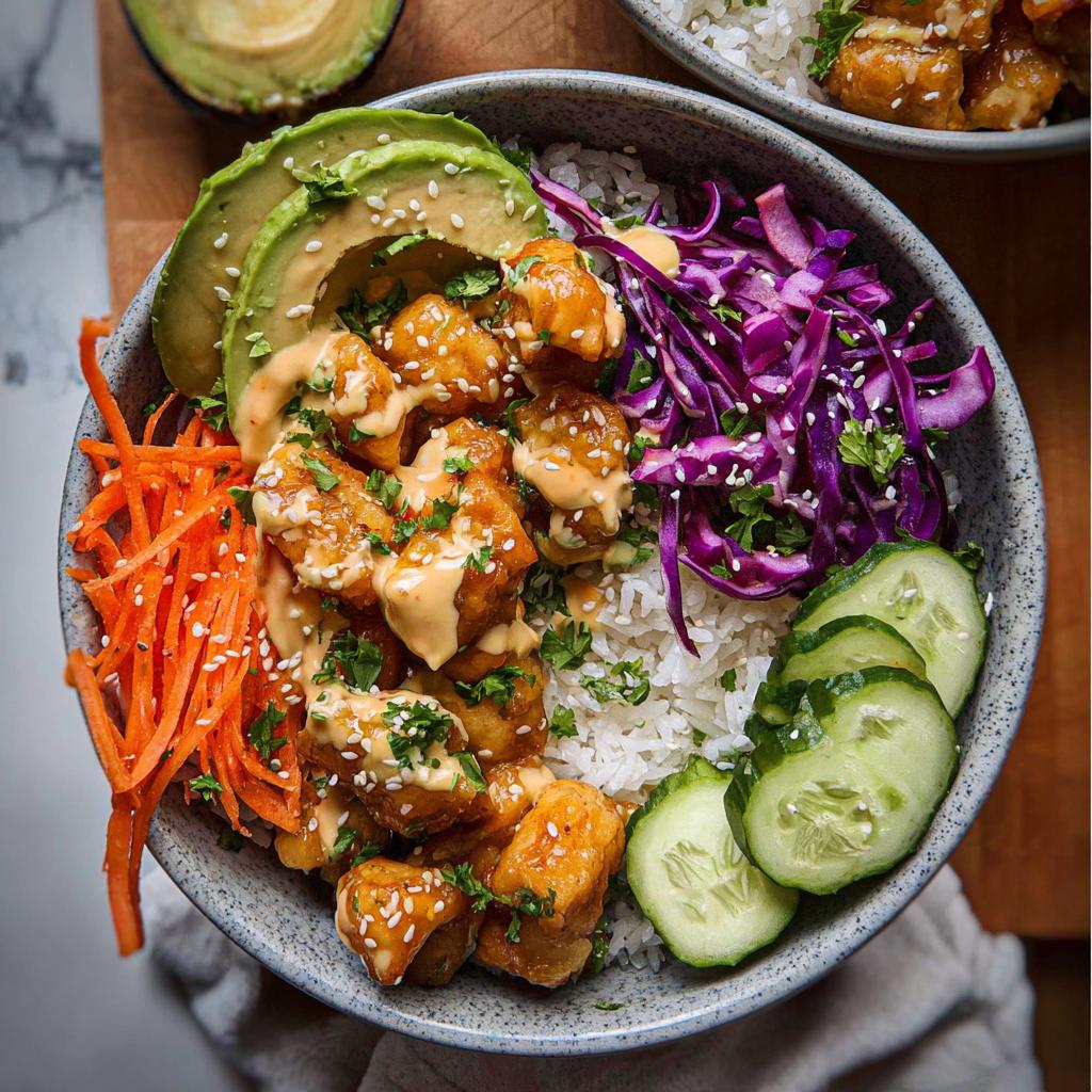 A vibrant Bang Bang Chicken Bowl filled with crispy chicken, rice, avocado, shredded carrots, red cabbage, and cucumbers.