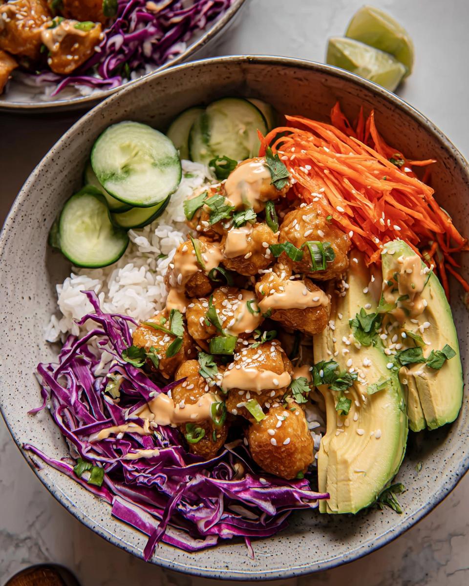 A vibrant Bang Bang Chicken Bowl filled with crispy chicken, rice, shredded carrots, red cabbage, cucumber slices, and avocado.