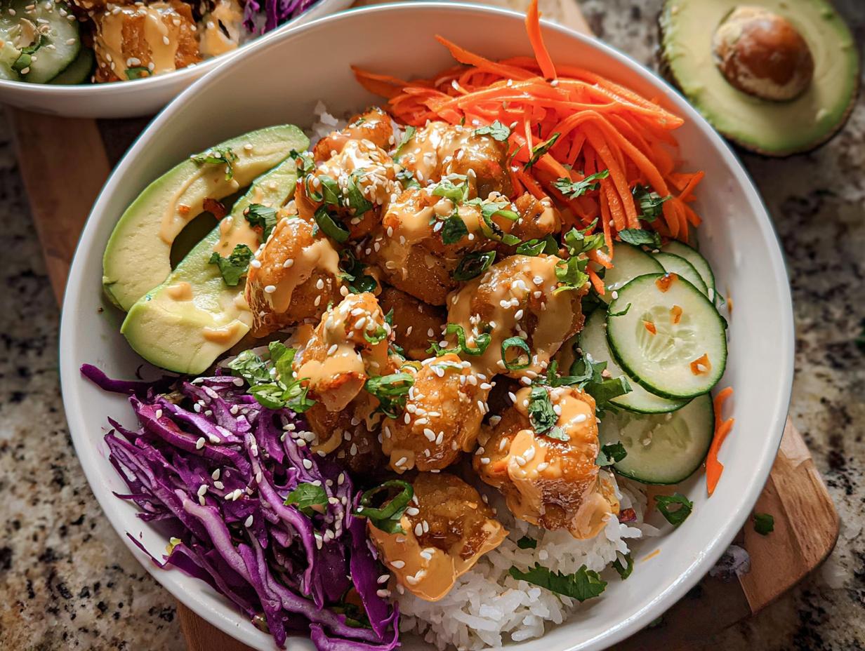 A vibrant Bang Bang Chicken Bowl filled with crispy chicken, rice, avocado, cucumber, shredded carrots, and red cabbage.