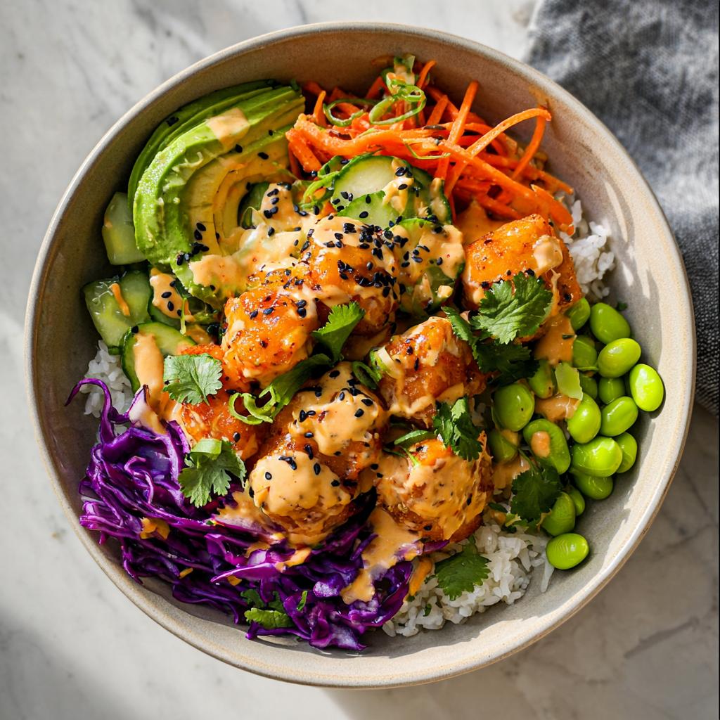 A close-up of a Bang Bang Salmon Bites Bowl filled with rice, salmon bites, avocado, edamame, and shredded vegetables.