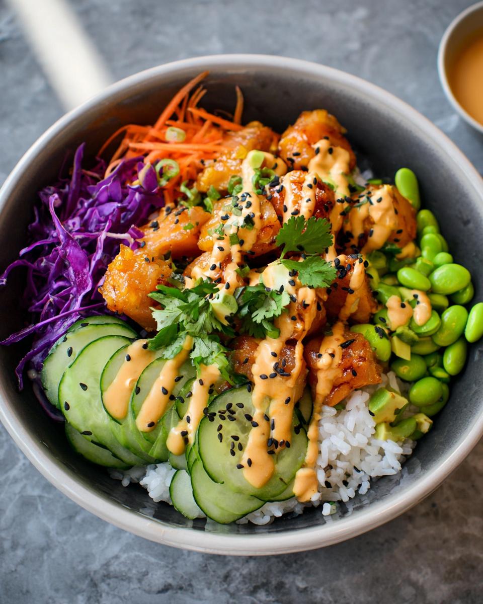 A close-up of a Bang Bang Salmon Bites Bowl with rice, salmon bites, cucumber, edamame, and shredded carrots.