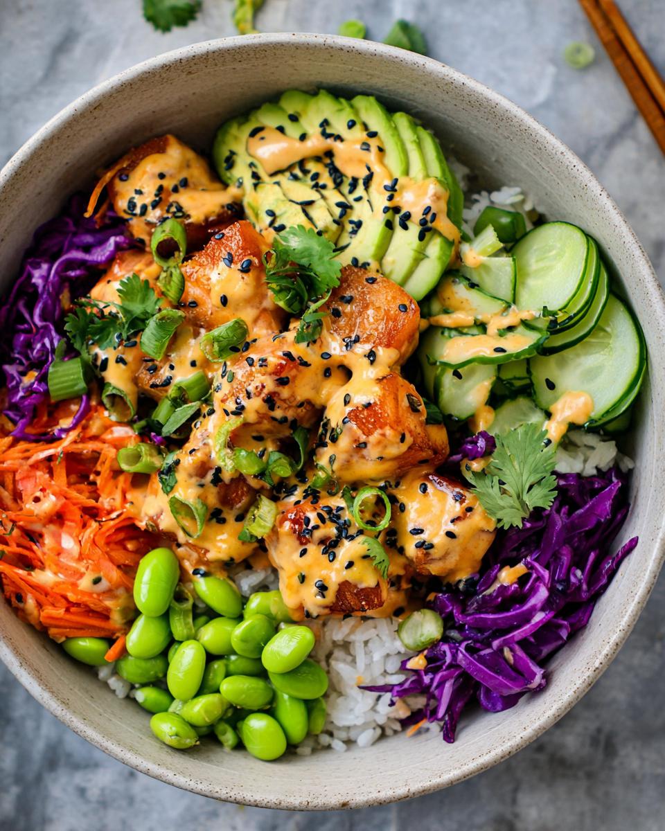 A close-up of a Bang Bang Salmon Bites Bowl with rice, salmon bites, avocado, cucumber, edamame, and shredded carrots.