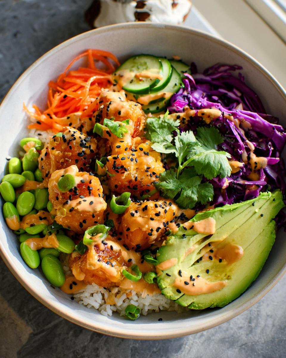 Close-up of a Bang Bang Salmon Bites Bowl with rice, avocado, edamame, shredded carrots, cucumber, and red cabbage, drizzled with sauce.