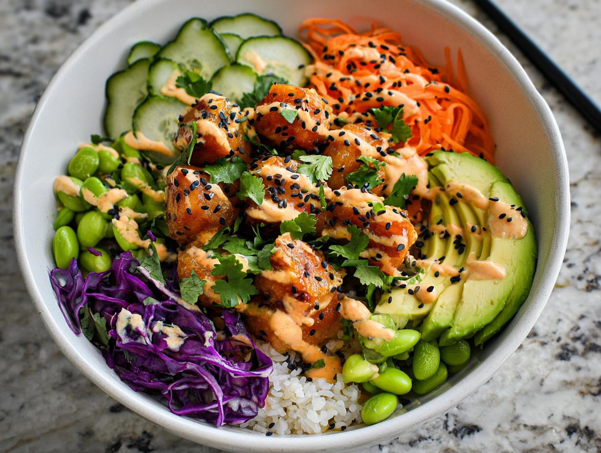A vibrant bowl filled with Bang Bang Salmon Bites, rice, avocado, cucumber, edamame, shredded carrots, and red cabbage.