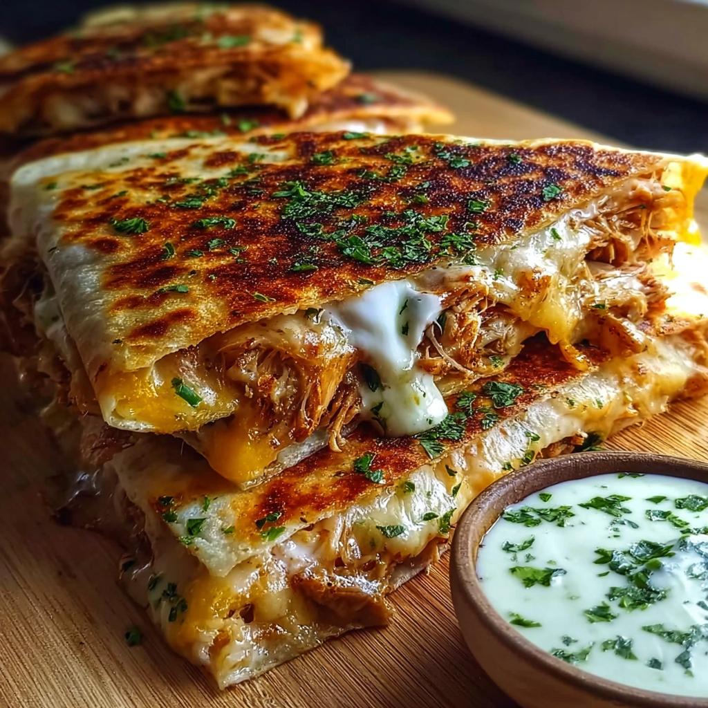 Close-up of Cheesy Hot Honey Chicken Quesadillas stacked, with melted cheese oozing out and a side of creamy sauce.