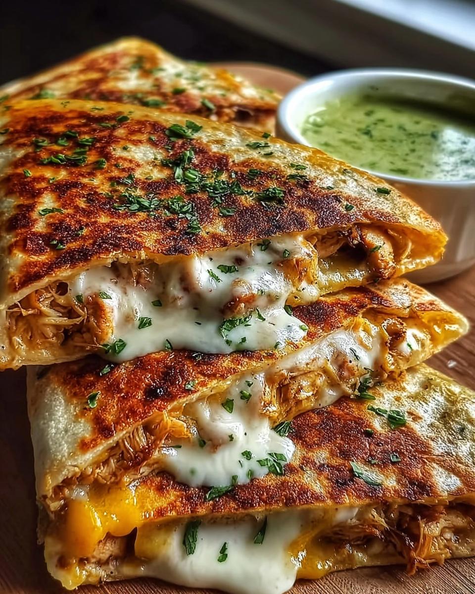 Close-up of Cheesy Hot Honey Chicken Quesadillas, oozing with melted cheese and sprinkled with parsley, next to a bowl of green sauce.