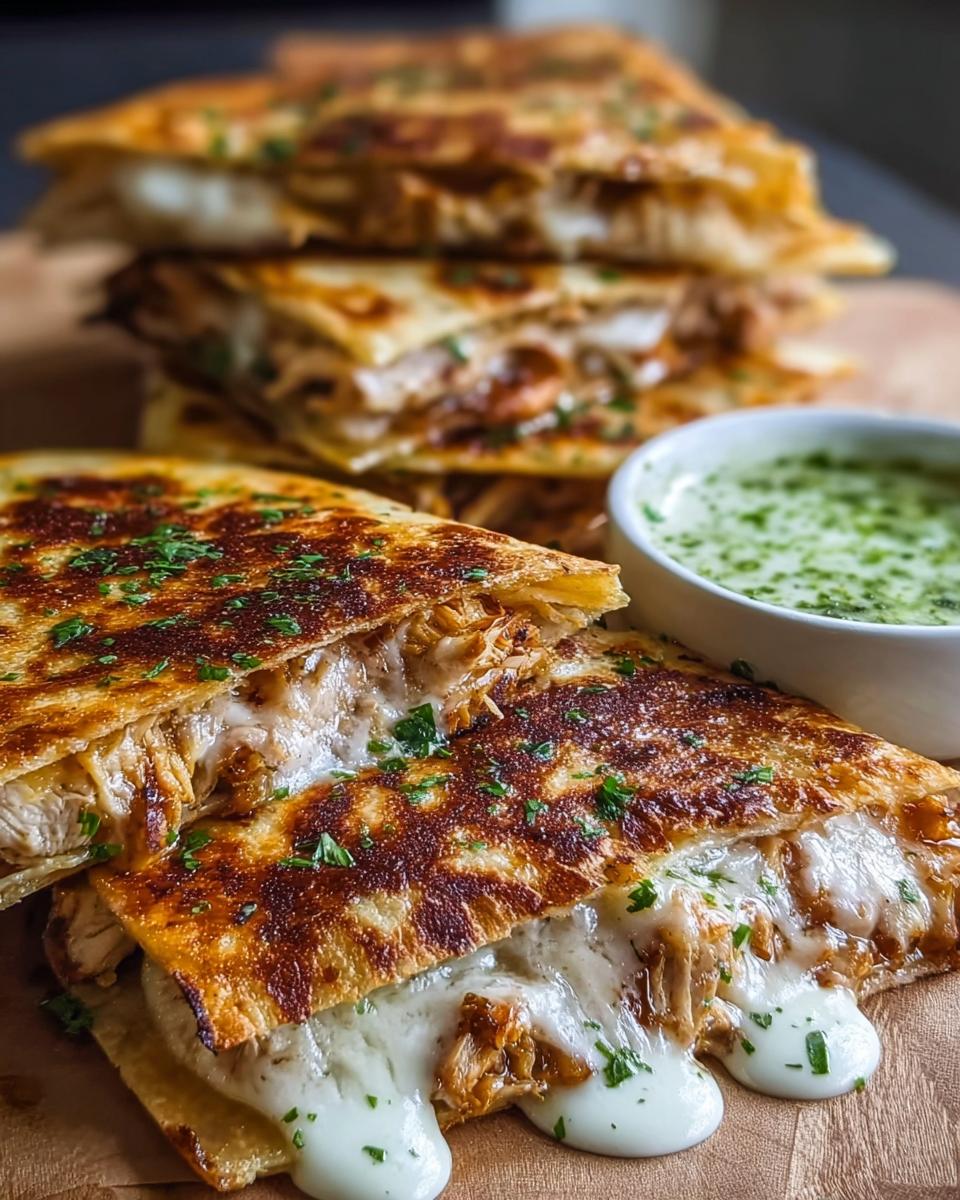 Close-up of Cheesy Hot Honey Chicken Quesadillas, oozing with melted cheese and sprinkled with parsley, served with a side of green sauce.