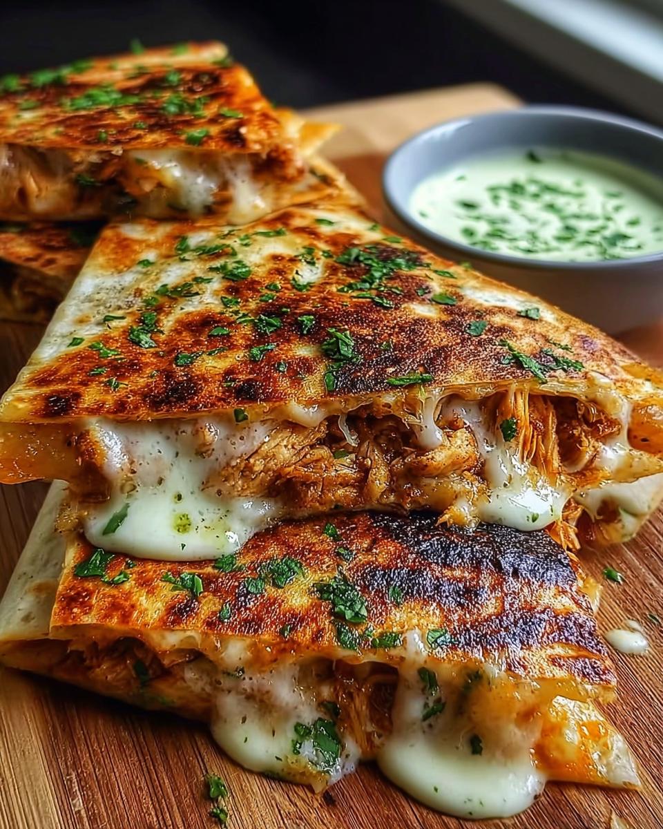 Close-up of Cheesy Hot Honey Chicken Quesadillas, oozing with melted cheese and garnished with parsley, served with a side of spicy jalapeño cream sauce.