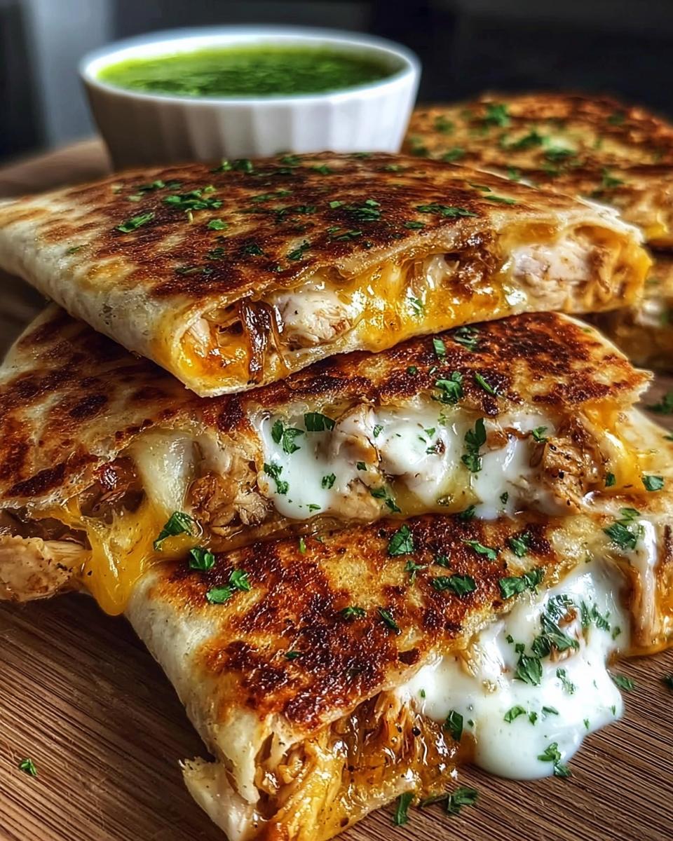 Close-up of stacked Cheesy Hot Honey Chicken Quesadillas with melted cheese and chopped parsley.