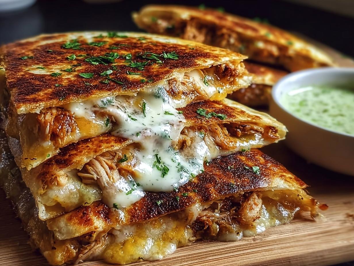 Stack of Cheesy Hot Honey Chicken Quesadillas, oozing with melted cheese and drizzled with sauce, served with jalapeño cream sauce.