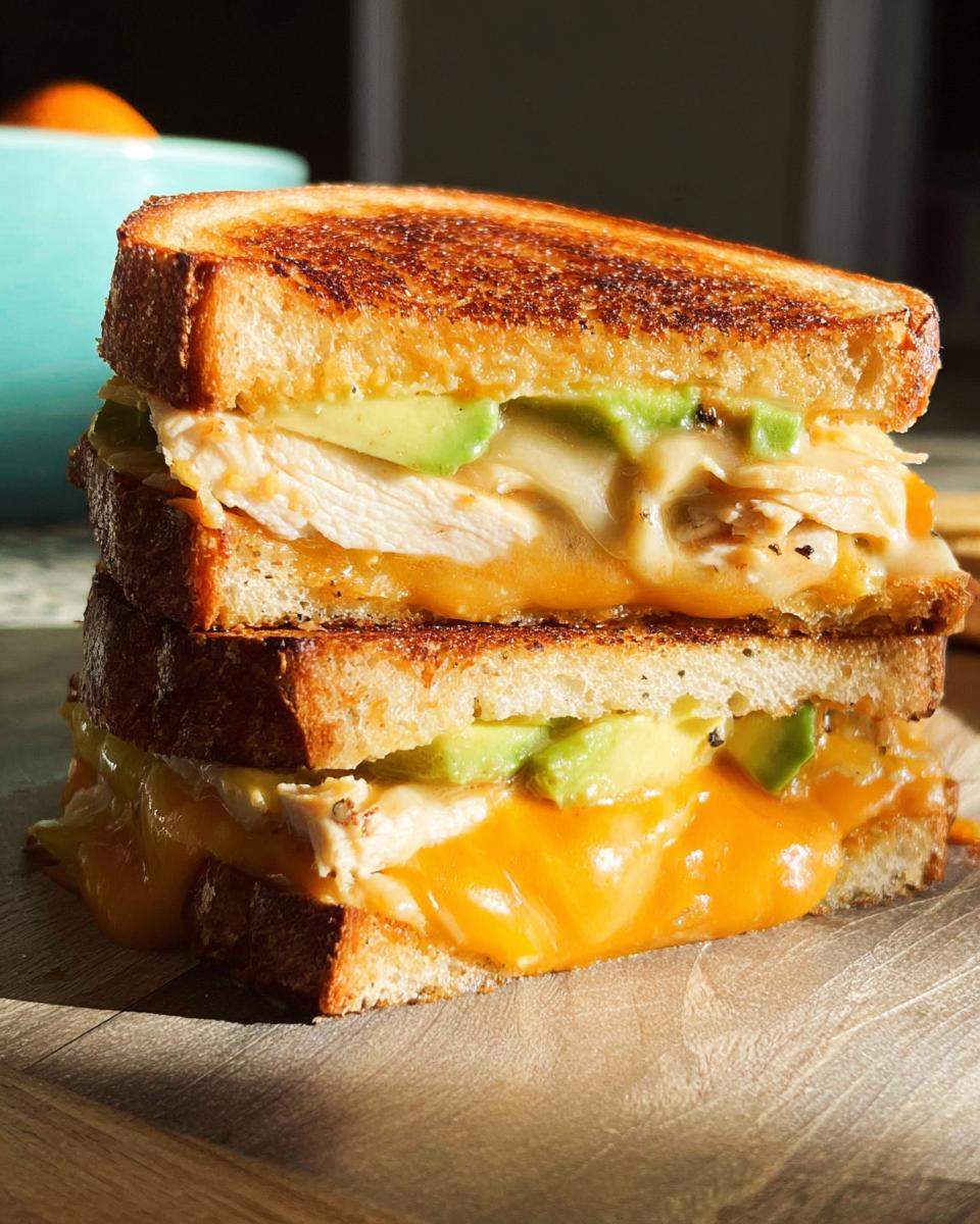 A close-up of a grilled CHICKEN AVOCADO MELT SANDWICH with melted cheese and fresh avocado slices.