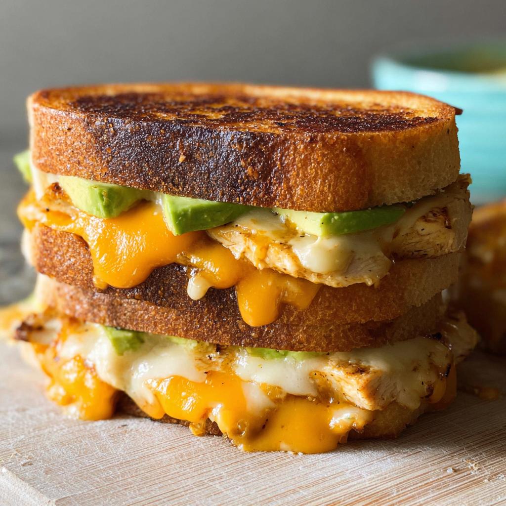 A tall stack of a CHICKEN AVOCADO MELT SANDWICH with melted cheese and fresh avocado slices.
