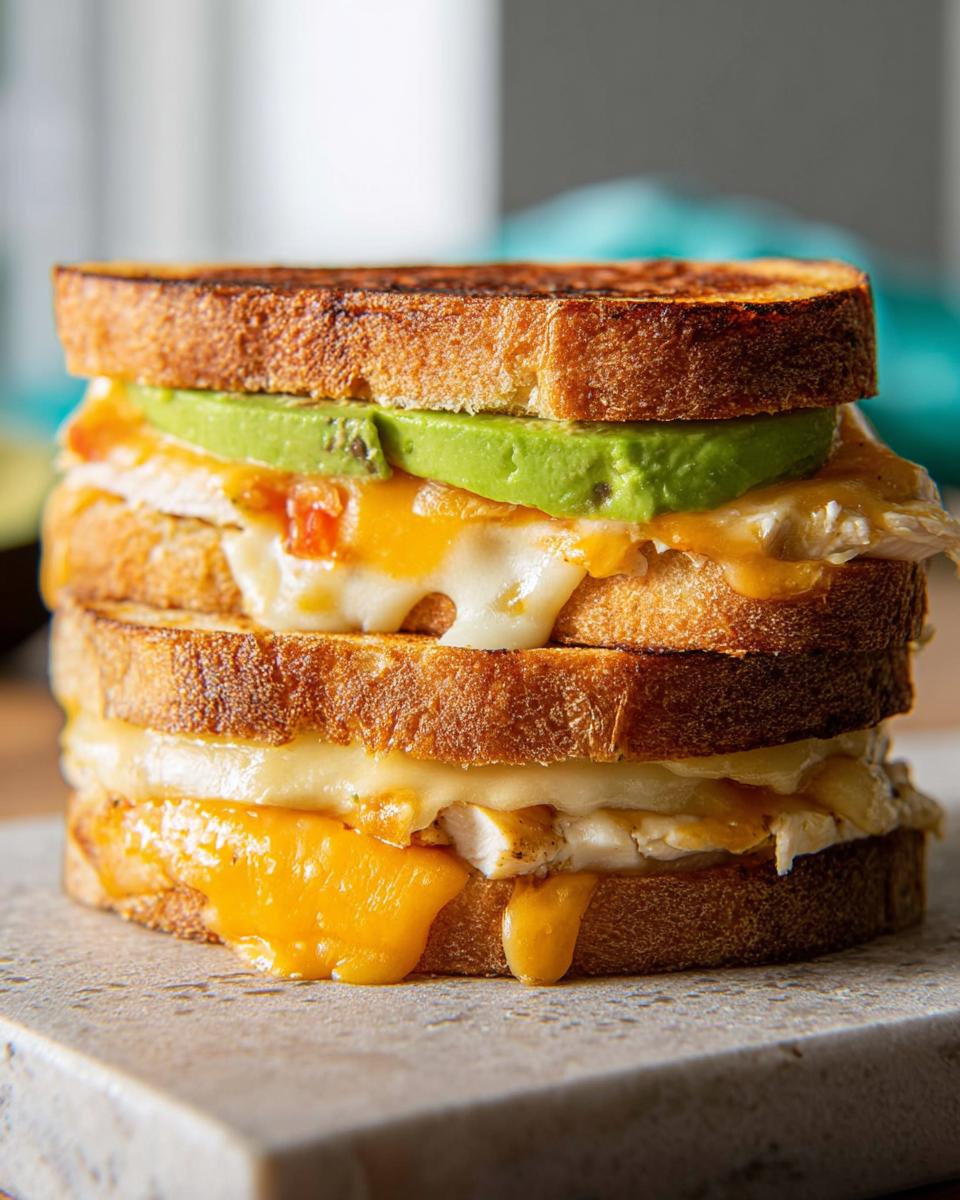 Close-up of a stacked CHICKEN AVOCADO MELT SANDWICH with melted cheese and fresh avocado slices.