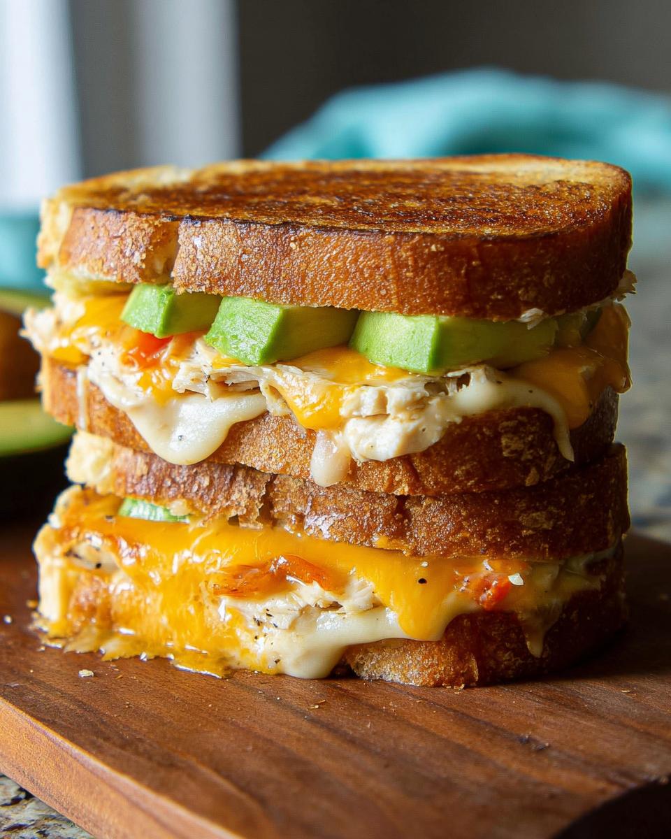 A tall, stacked CHICKEN AVOCADO MELT SANDWICH with melted cheese and fresh avocado slices.