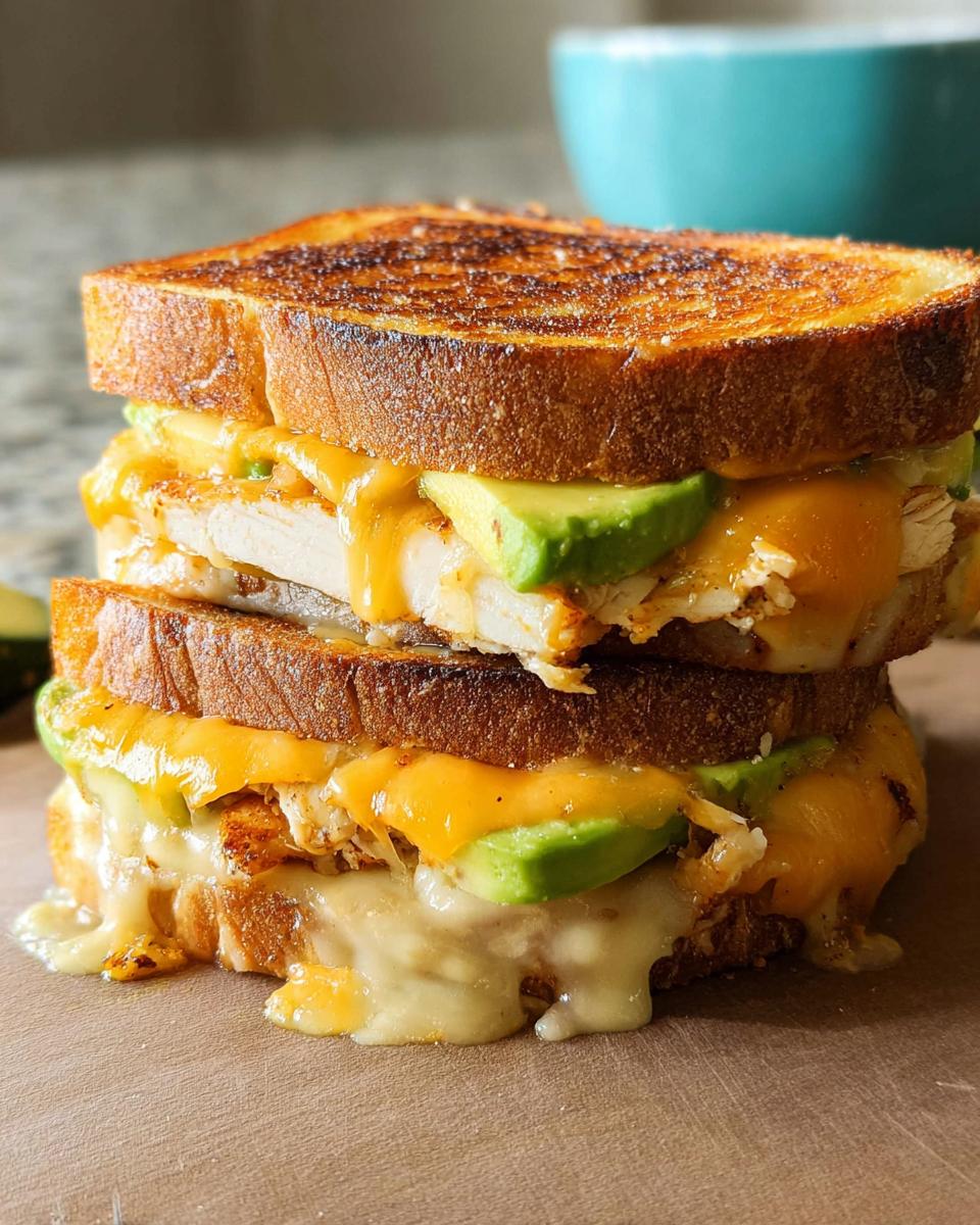 A stacked CHICKEN AVOCADO MELT SANDWICH with toasted bread, melted cheese, and fresh avocado slices.