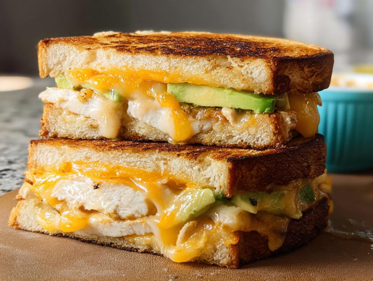 A close-up of a stacked CHICKEN AVOCADO MELT SANDWICH with melted cheese, avocado slices, and grilled bread.