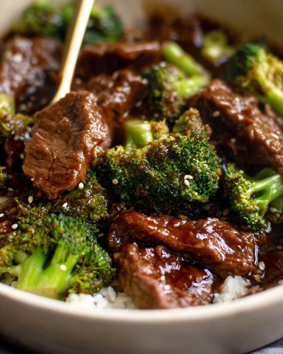 Close-up of Chinese Beef and Broccoli served over white rice, with a golden spoon.