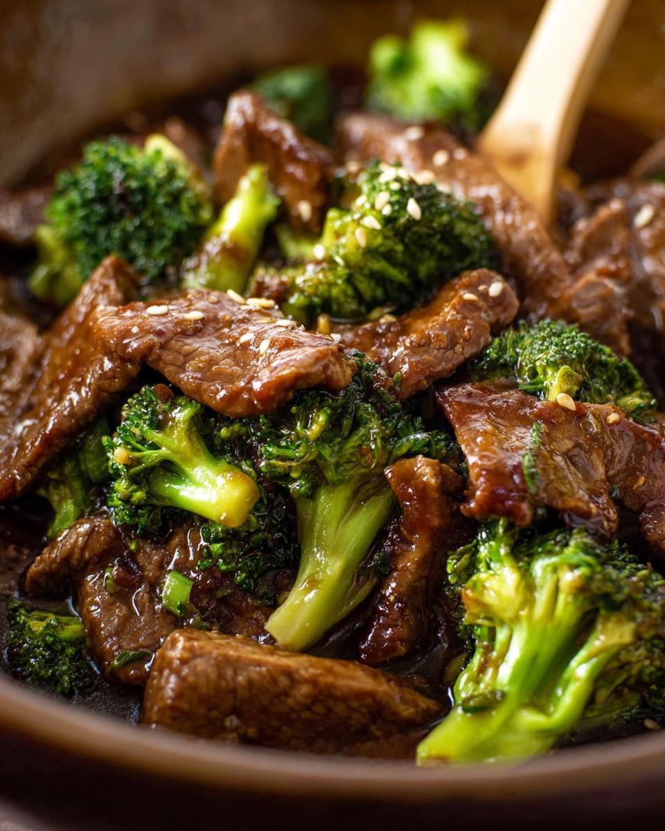 Close-up of tender slices of Chinese Beef and Broccoli stir-fry in a glossy sauce, sprinkled with sesame seeds.