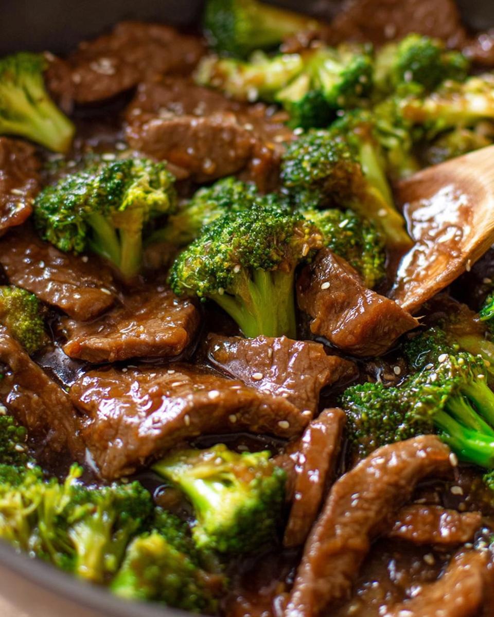 Close-up of tender slices of beef and vibrant broccoli florets coated in a glossy sauce, sprinkled with sesame seeds.