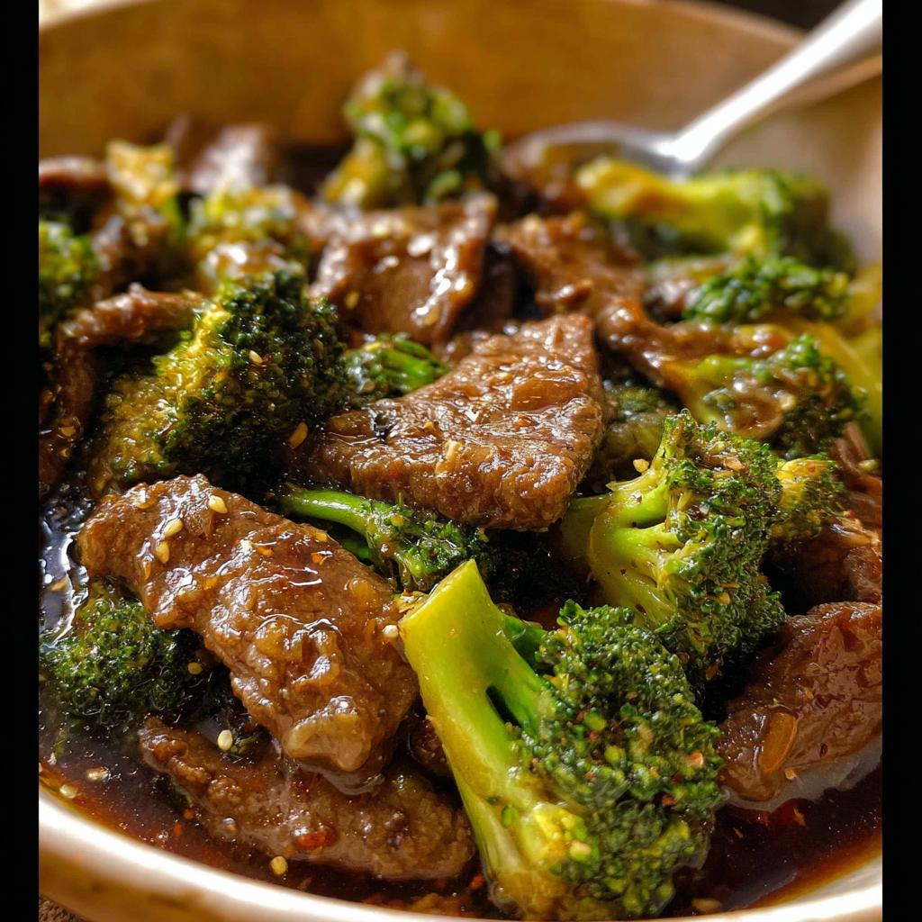 Close-up of tender Chinese beef and broccoli in a savory sauce, garnished with sesame seeds.