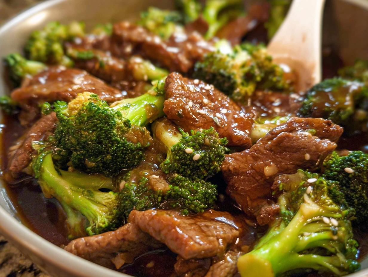 Close-up of a bowl of Chinese Beef and Broccoli, featuring tender beef slices and vibrant broccoli florets in a glossy sauce, sprinkled with sesame seeds.