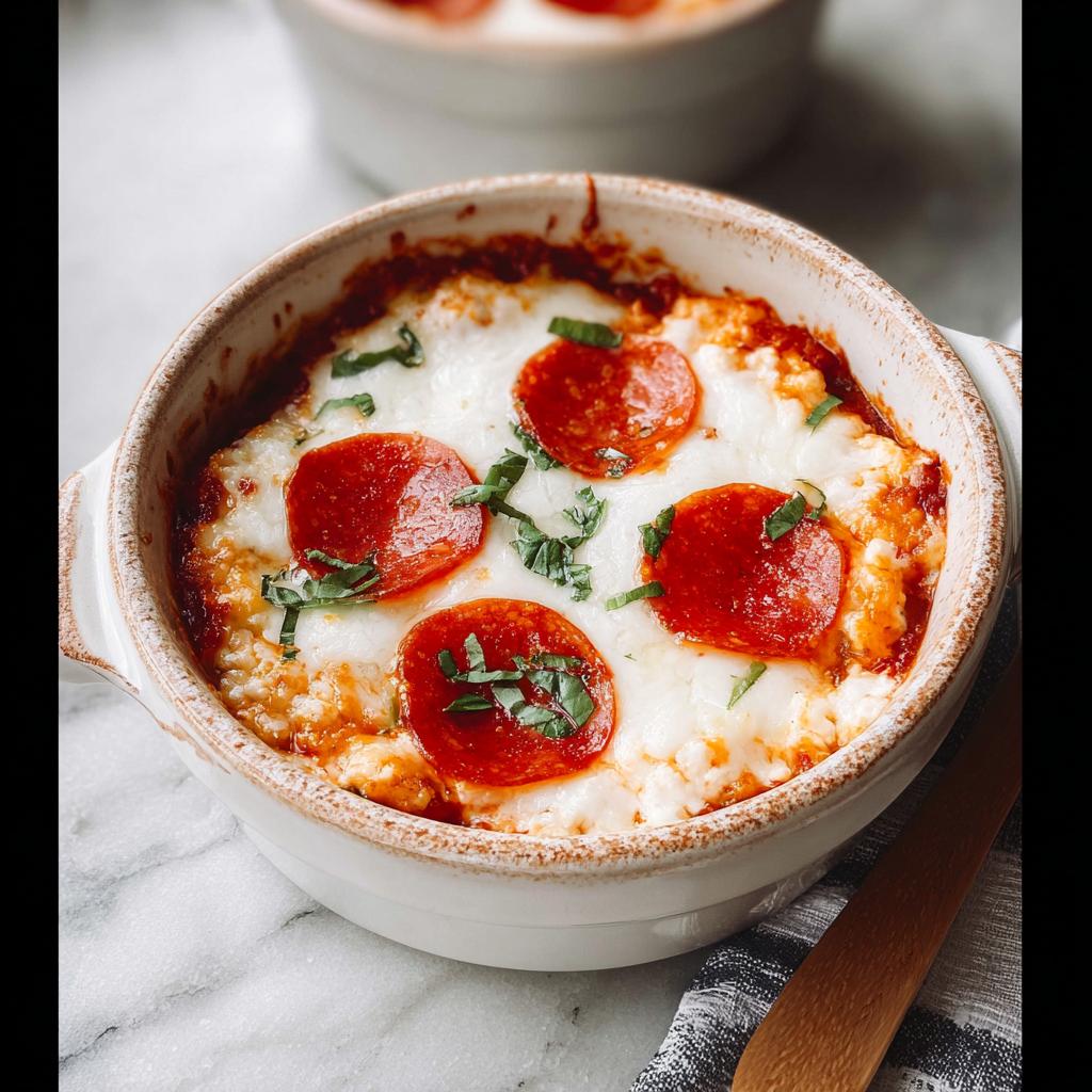 A close-up of a cottage cheese pizza bowl topped with melted cheese, pepperoni, and fresh basil.