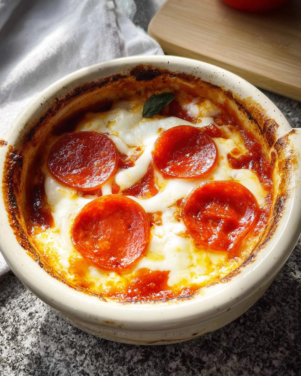 A close-up of a baked Cottage Cheese Pizza Bowl topped with melted cheese and pepperoni slices.
