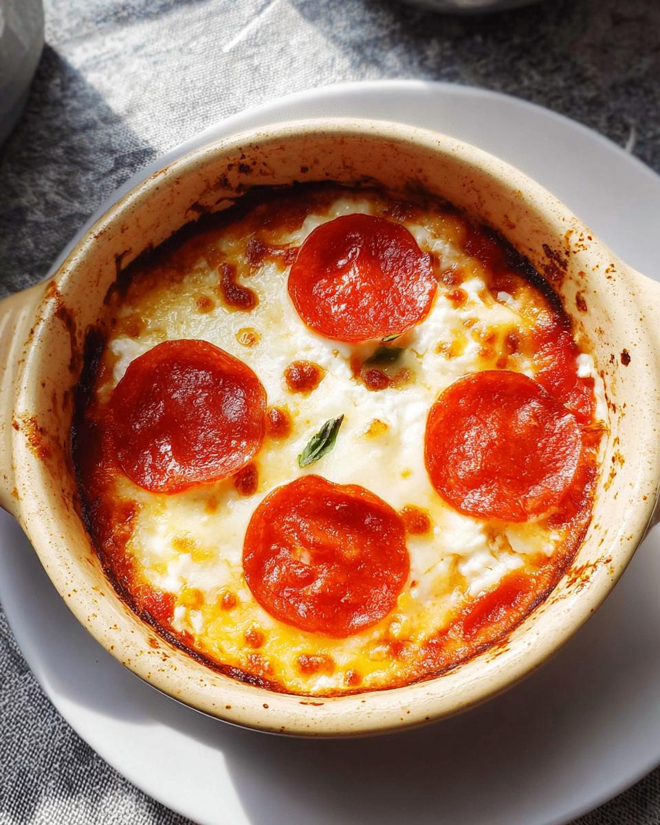A close-up of a baked Cottage Cheese Pizza Bowl topped with melted cheese and pepperoni slices.