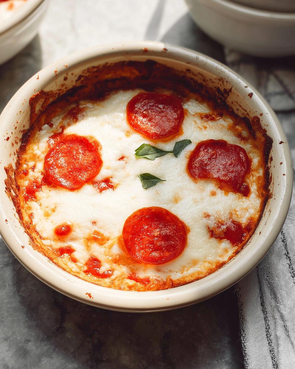 A close-up of a baked Cottage Cheese Pizza Bowl topped with melted cheese, pepperoni slices, and fresh basil.