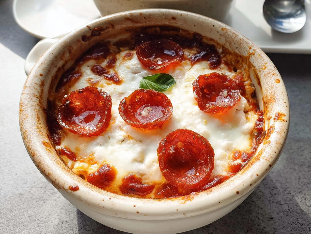 A close-up of a baked Cottage Cheese Pizza Bowl topped with melted cheese and pepperoni slices.