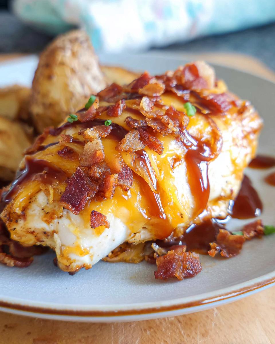A close-up of Cowboy BBQ Bacon Cheddar Chicken topped with melted cheddar cheese, crispy bacon bits, and BBQ sauce.