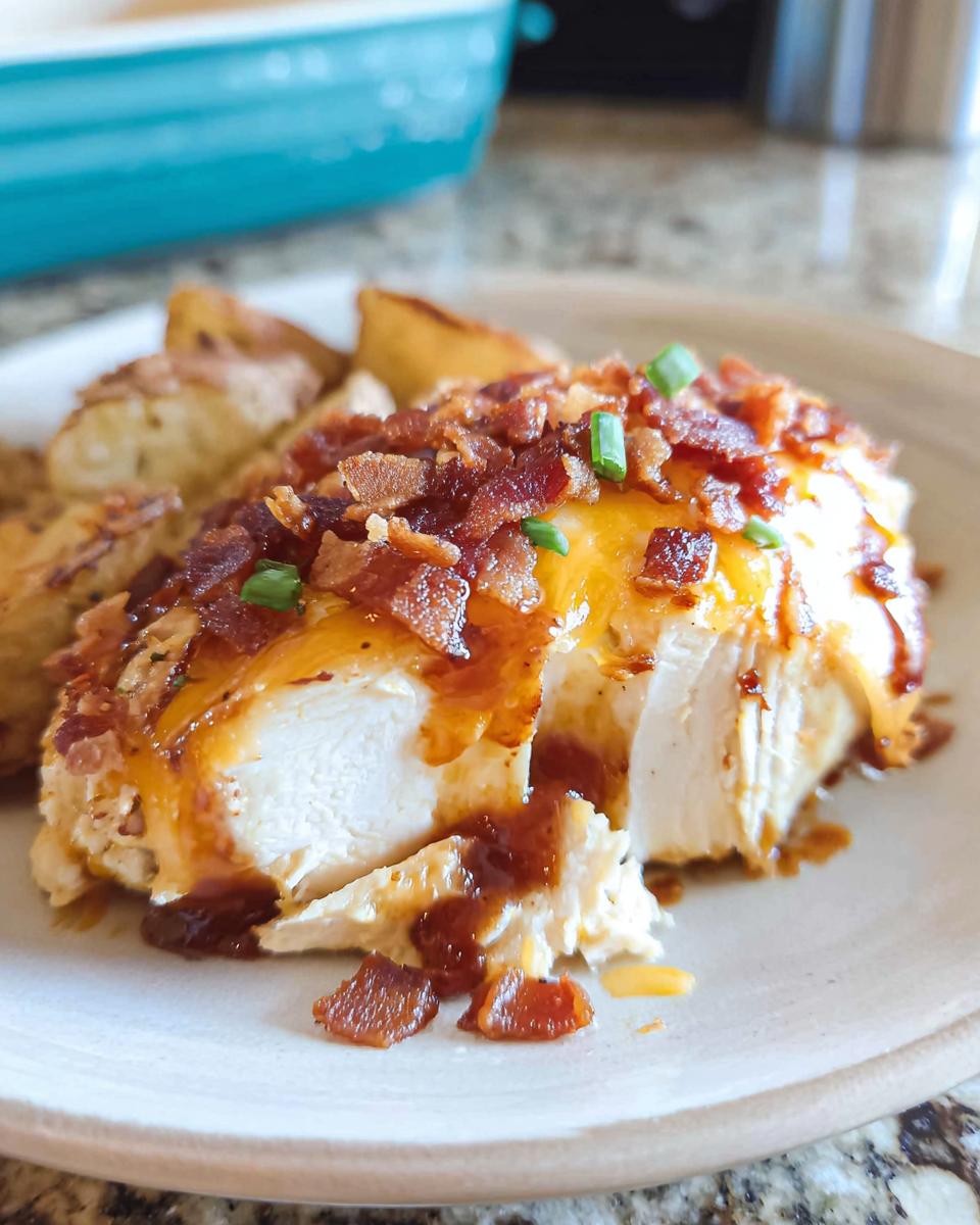A juicy piece of Cowboy BBQ Bacon Cheddar Chicken topped with melted cheddar cheese, crispy bacon, and green onions, served with roasted potatoes.