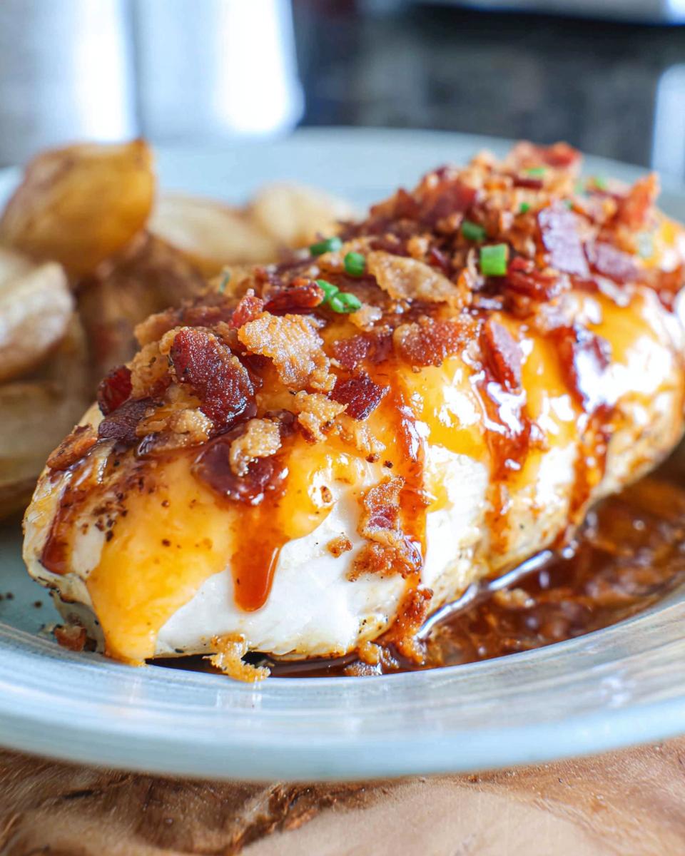 A juicy Cowboy BBQ Bacon Cheddar Chicken breast topped with melted cheddar cheese, crispy bacon, and drizzled with BBQ sauce.