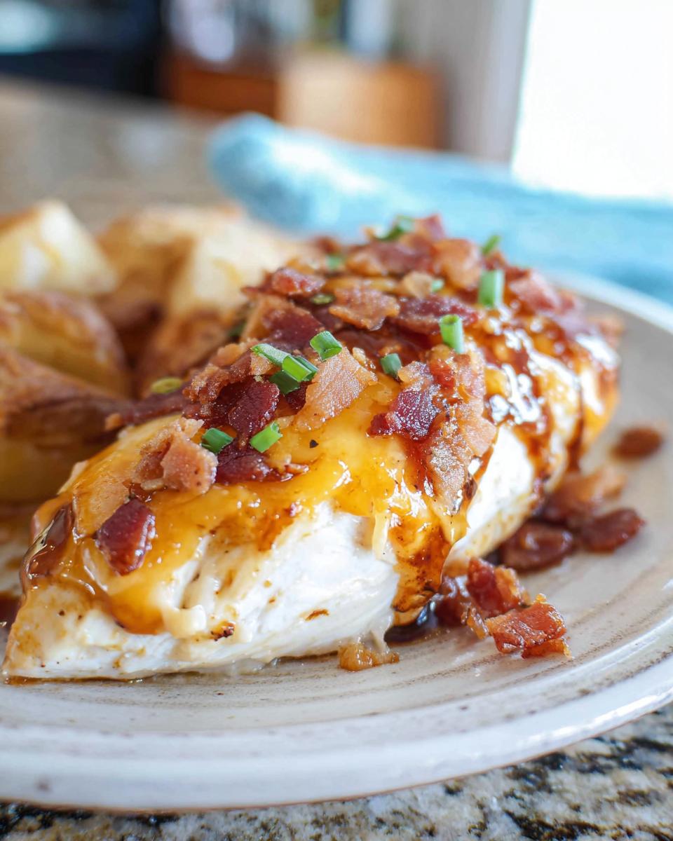 A juicy Cowboy BBQ Bacon Cheddar Chicken breast topped with melted cheddar cheese, crispy bacon bits, and chives, served with roasted potatoes.