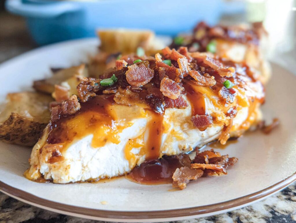 A mouthwatering slice of Cowboy BBQ Bacon Cheddar Chicken, topped with crispy bacon and drizzled with BBQ sauce.