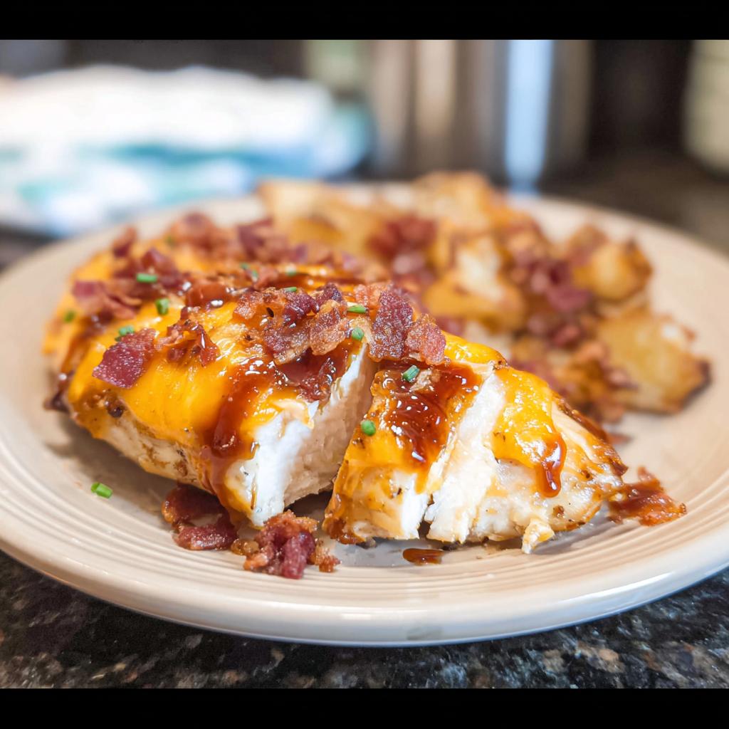 A juicy Cowboy BBQ Bacon Cheddar Chicken breast, sliced to reveal tender meat, topped with melted cheddar cheese, crispy bacon, and BBQ sauce.